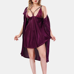 Be You Solid Lace Details Satin Nighty with Robe