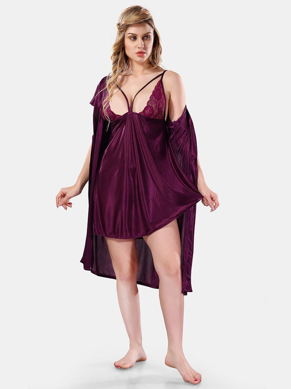 Be You Solid Lace Details Satin Nighty with Robe