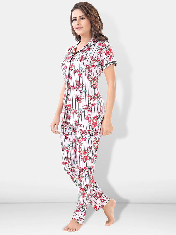 Be You Women White & Pink Printed Pajama & Shorts with Shirt Night Suits