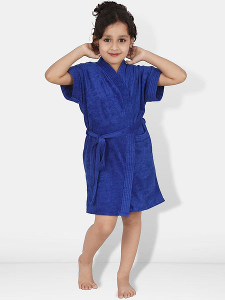 Be You Blue Solid Cotton Drawstring Knee Length Bath Robe