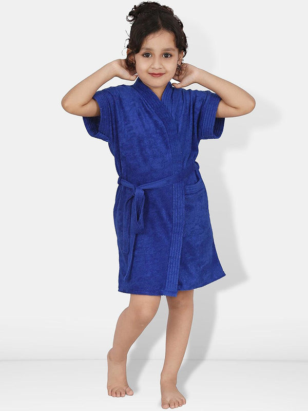 Be You Blue Solid Cotton Drawstring Knee Length Bath Robe