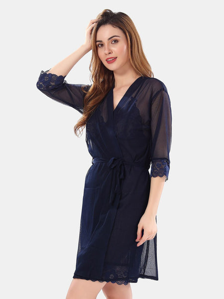 Be You Net Above Knee Length Nightdress With Robe
