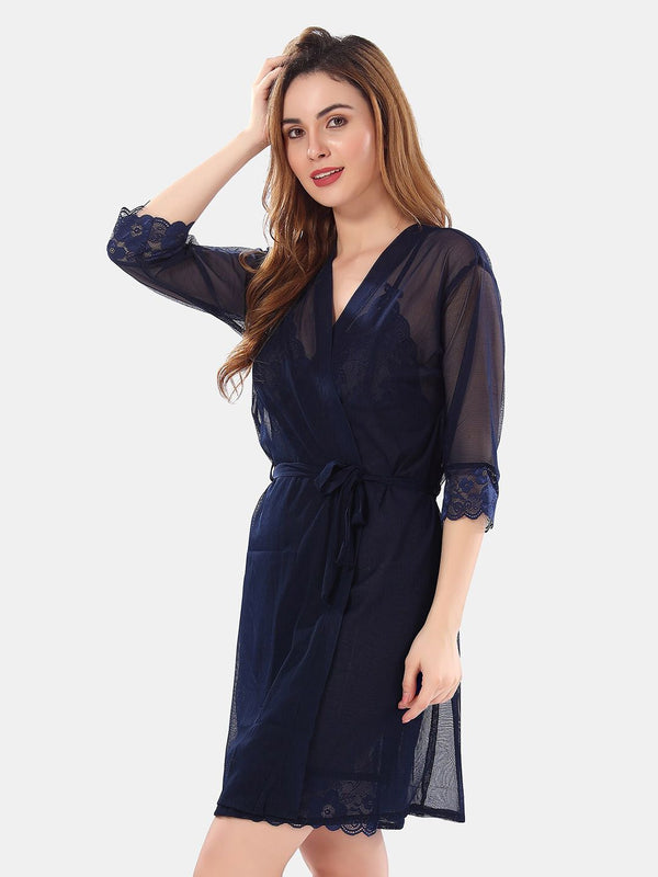 Be You Net Above Knee Length Nightdress With Robe