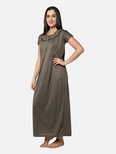 Be You Women Brown Striped Maxi Maternity Nightdress