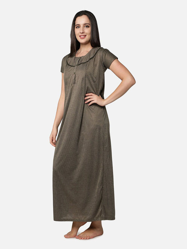 Be You Women Brown Striped Maxi Maternity Nightdress