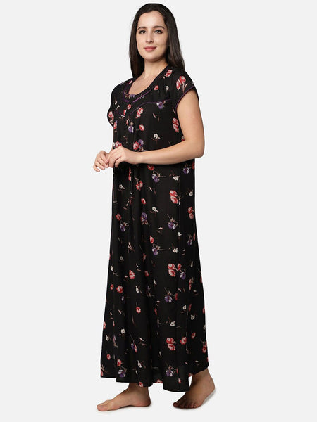 Be You Black Floral Printed Maxi Nightdress