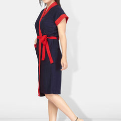 Be You Navy Blue Solid Cotton Drawstring Knee Length Bath Robe-L/XL