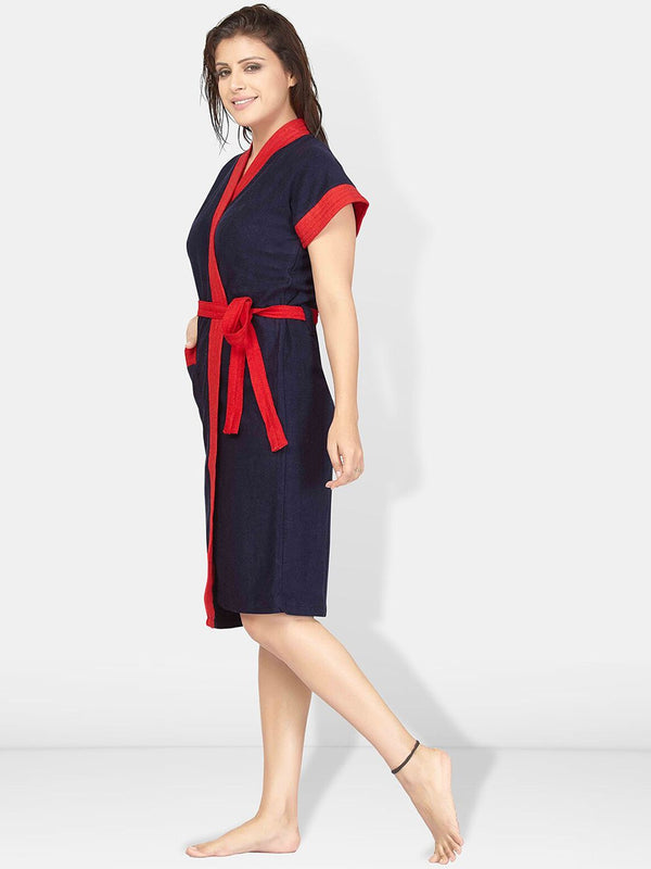 Be You Navy Blue Solid Cotton Drawstring Knee Length Bath Robe-L/XL