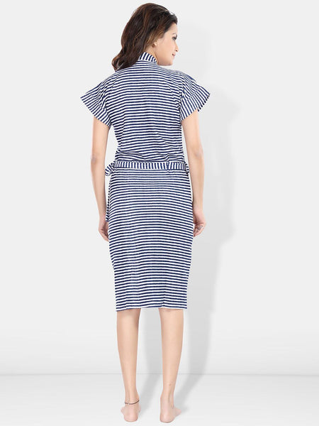 Be You Navy Blue Striped Cotton Drawstring Knee Length Bath Robe-2XL
