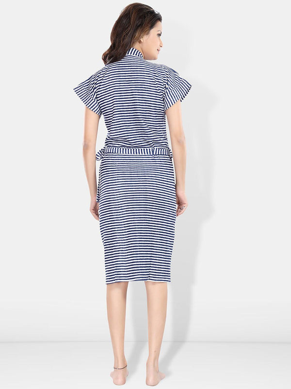 Be You Navy Blue Striped Cotton Drawstring Knee Length Bath Robe-2XL