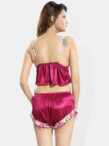 Be You Floral Self Design Shoulder Straps Satin Night suit