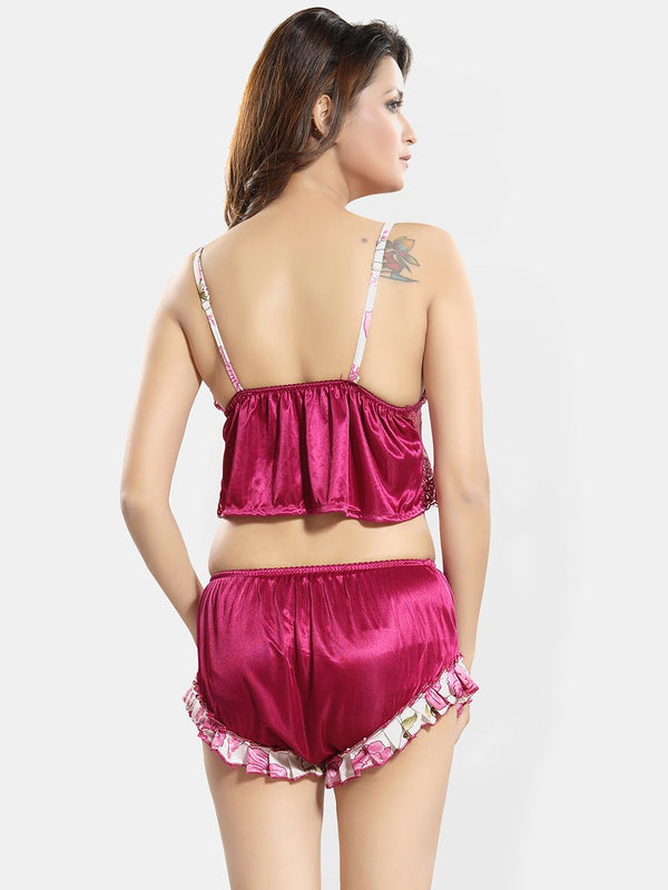 Be You Floral Self Design Shoulder Straps Satin Night suit