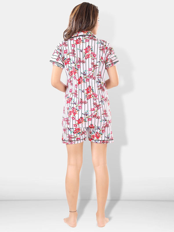 Be You Women White & Pink Printed Pajama & Shorts with Shirt Night Suits