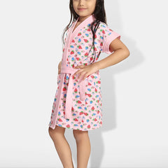 Be You Strawberry Print Pink Conversational Cotton Drawstring Knee Length Bath Robe