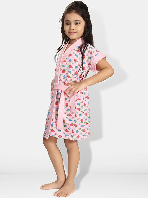 Be You Strawberry Print Pink Conversational Cotton Drawstring Knee Length Bath Robe