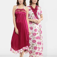 Be You Floral Printed Satin Wrap Nightdress With Robe