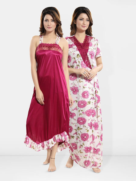 Be You Floral Printed Satin Wrap Nightdress With Robe
