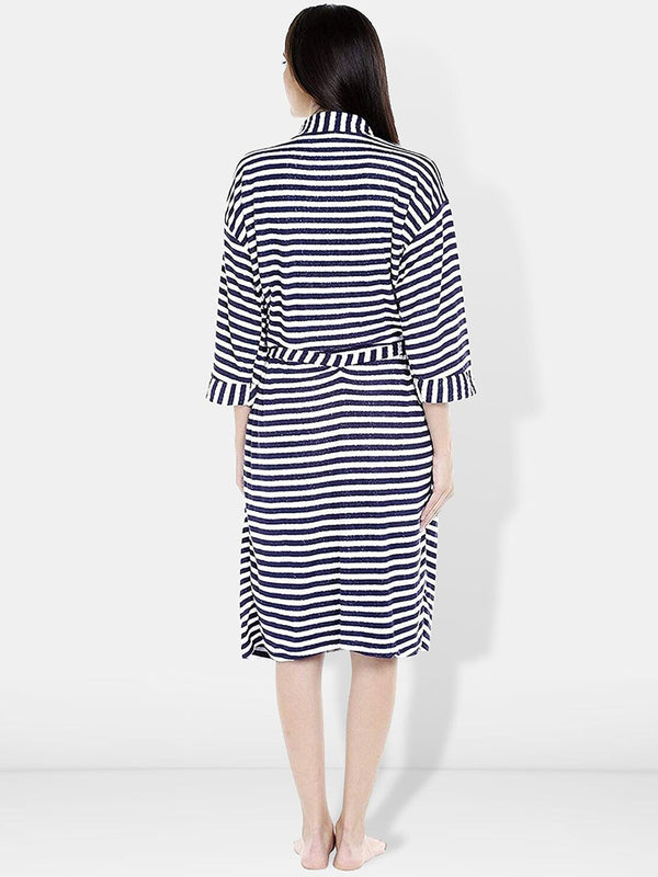 Be You Blue Striped Cotton Drawstring Knee Length Bath Robe-2XL