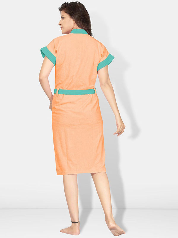 Be You Two-Tone Peach Solid Cotton Drawstring Knee Length Bath Robe-L/XL