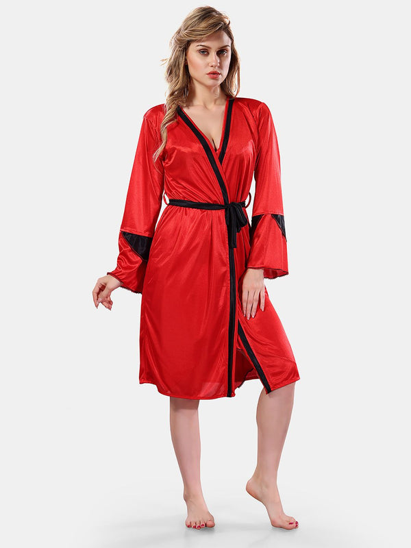 Be You Solid Lace Details Satin Nighty with Robe