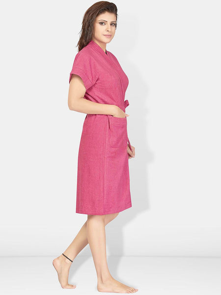 Be You Rose Solid Cotton Drawstring Knee Length Bath Robe-L/XL
