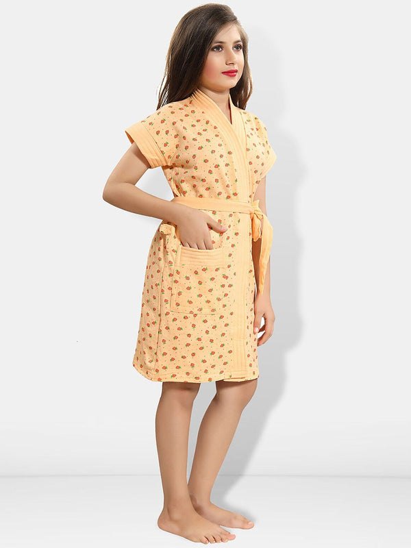 Be You Strawberry Print Peach Conversational Cotton Drawstring Knee Length Bath Robe