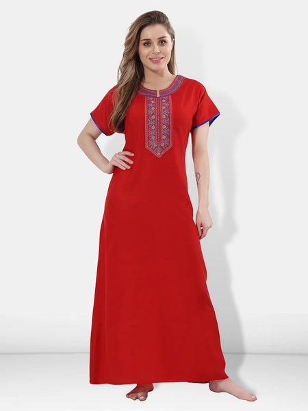 Be You Red Embroidered Maxi Nightdress