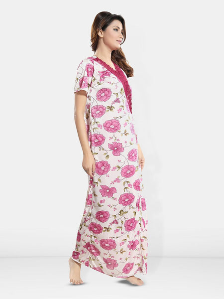 Be You Self Design Shoulder Strap Satin Nightdress & Robe