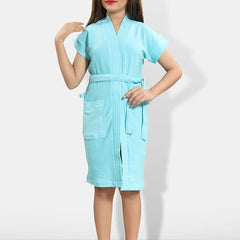 Be You Blue Solid Cotton Drawstring Knee Length Bath Robe