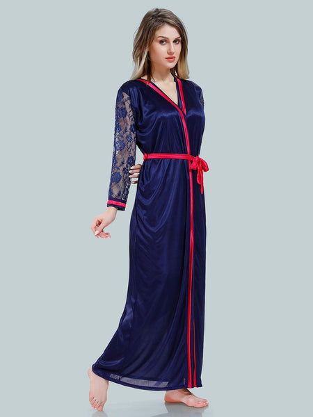 Be You Solid Lace Details Satin Nighty with Robe