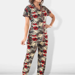 Be You Women Brown & Red Printed Lapel Collar Night Suits