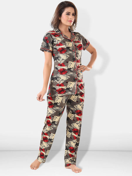 Be You Women Brown & Red Printed Lapel Collar Night Suits