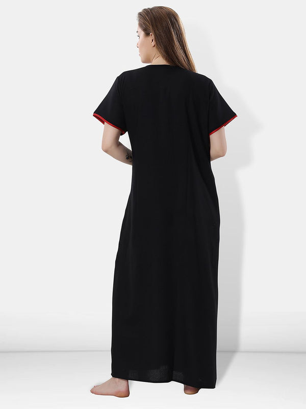 Be You Women Black Embroidered Maxi Nightdress