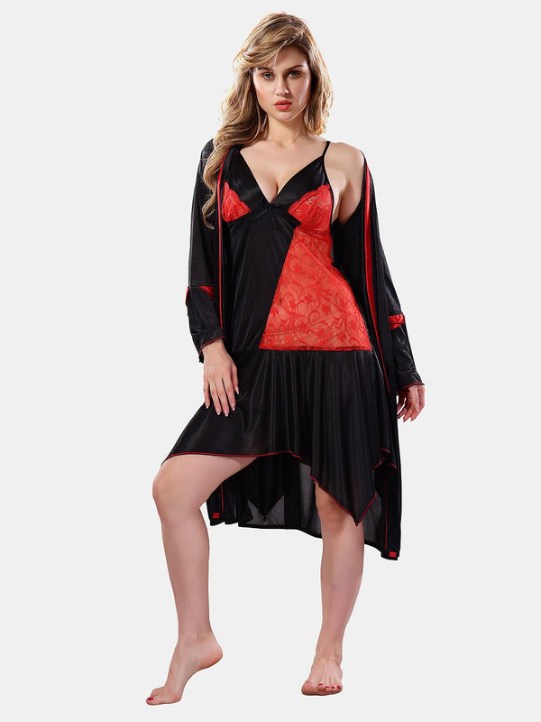 Be You Solid Lace Details Satin Nighty with Robe