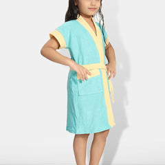 Be You Two-Tone Blue Solid Cotton Drawstring Knee Length Bath Robe