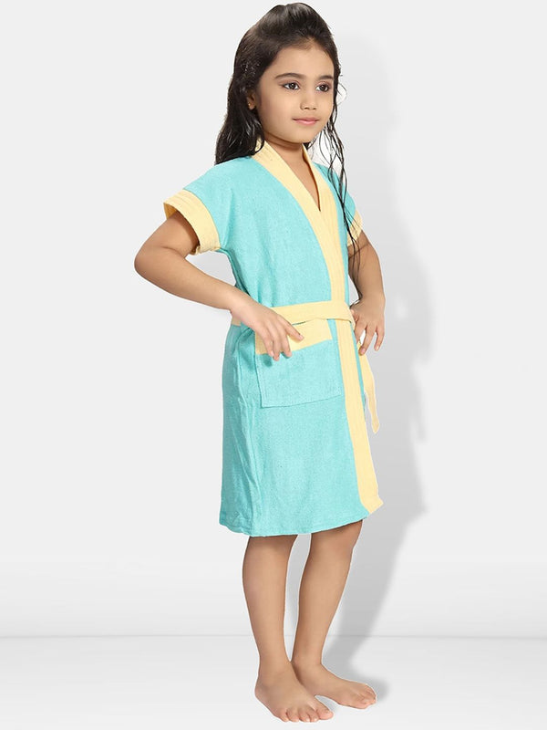 Be You Two-Tone Blue Solid Cotton Drawstring Knee Length Bath Robe