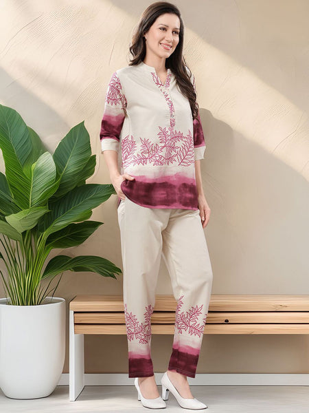 Be You Printed Mandarin Collar Tunic With Trousers