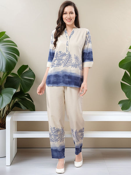 Be You Printed Mandarin Collar Tunic With Trousers
