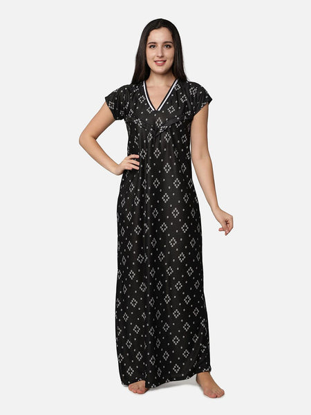 Be You Women Black Printed Maxi Maternity Nightdress