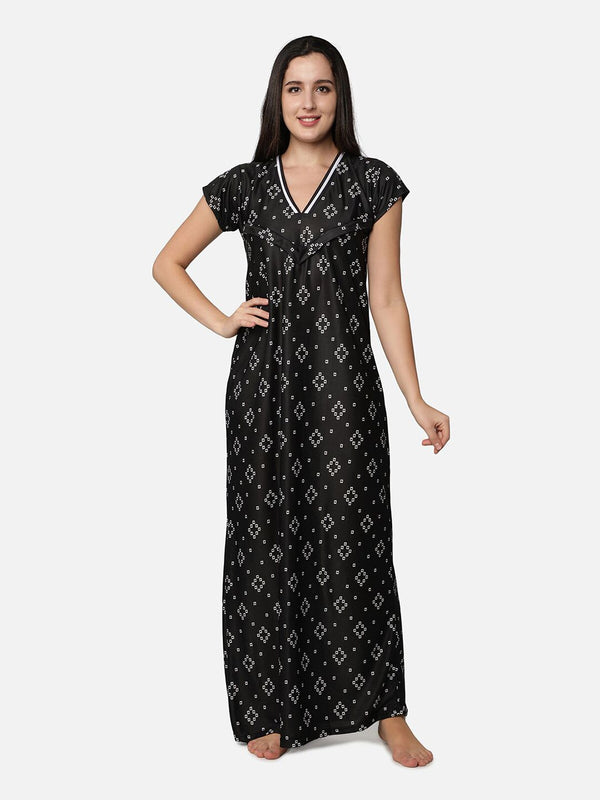 Be You Women Black Printed Maxi Maternity Nightdress