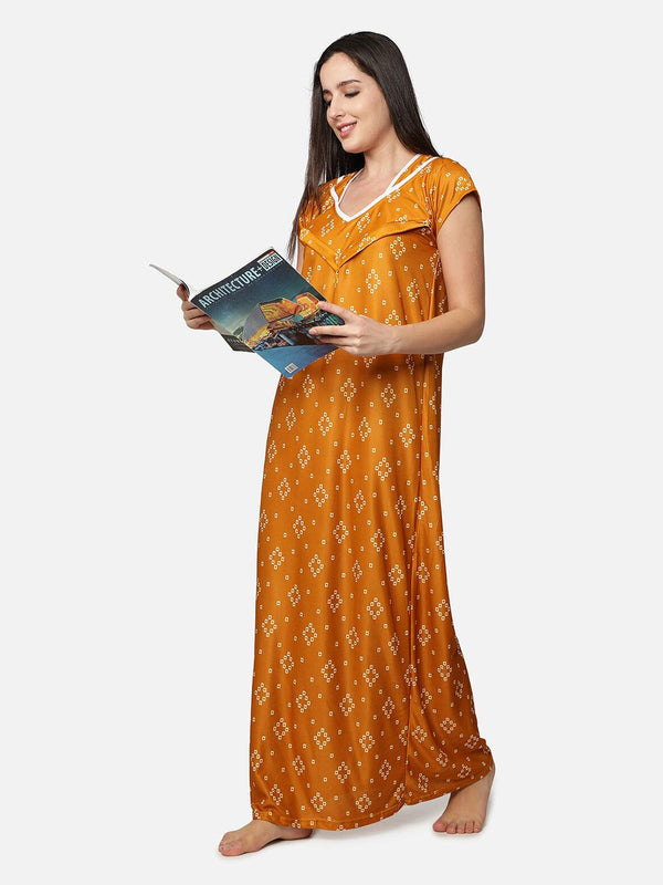 Be You Mustard Printed Maxi Nightdress