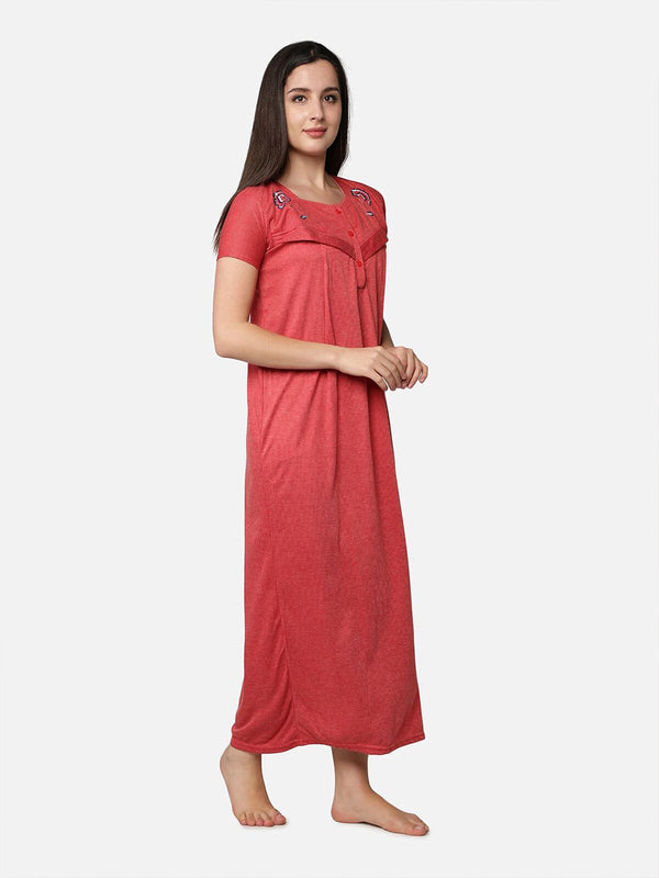 Be You Women Red Embroidered Maxi Maternity Nightdress