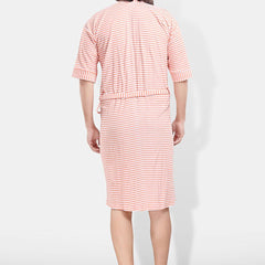 Be You Peach Striped Cotton Drawstring Knee Length Bath Robe-3XL