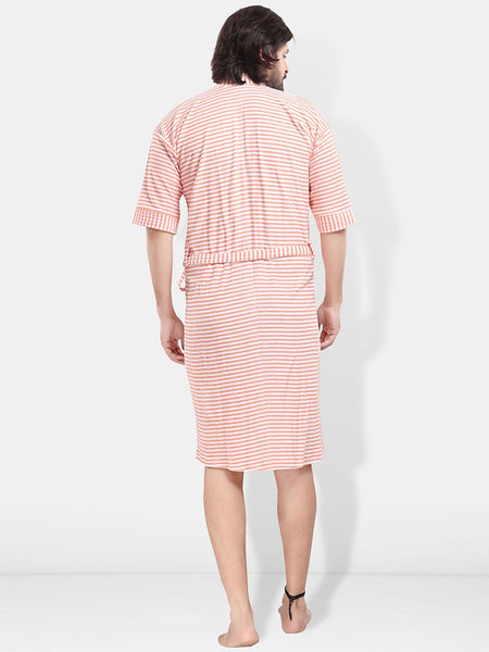 Be You Peach Striped Cotton Drawstring Knee Length Bath Robe-3XL