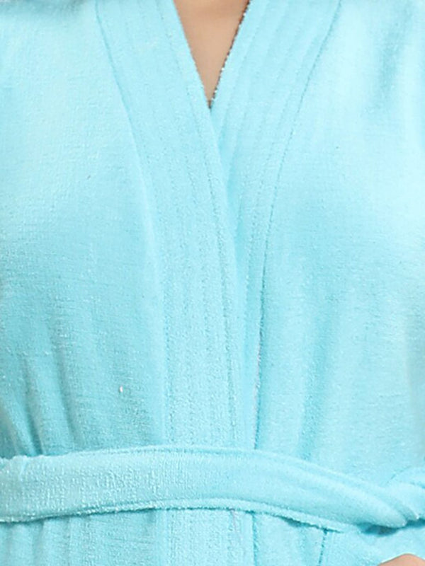 Be You Blue Solid Cotton Drawstring Knee Length Bath Robe
