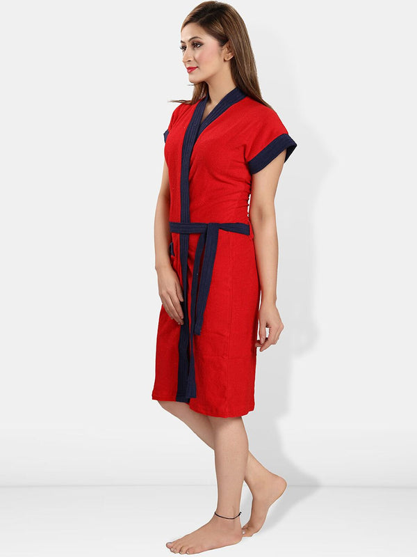 Be You Red Solid Cotton Drawstring Knee Length Bath Robe-L/XL