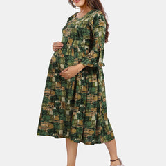 Be You Floral Printed Round Neck Bell Sleeves Maternity Fit & Flare Midi Dress