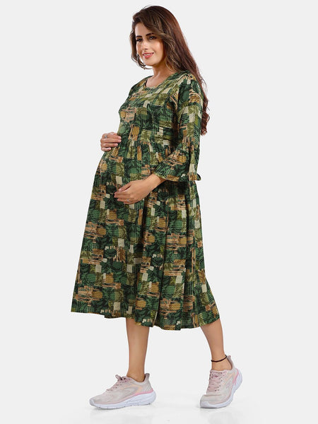 Be You Floral Printed Round Neck Bell Sleeves Maternity Fit & Flare Midi Dress