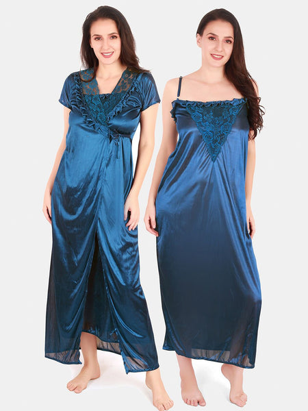 Be You Floral Lace Shoulder Straps Satin Maxi Nightdress With Robe