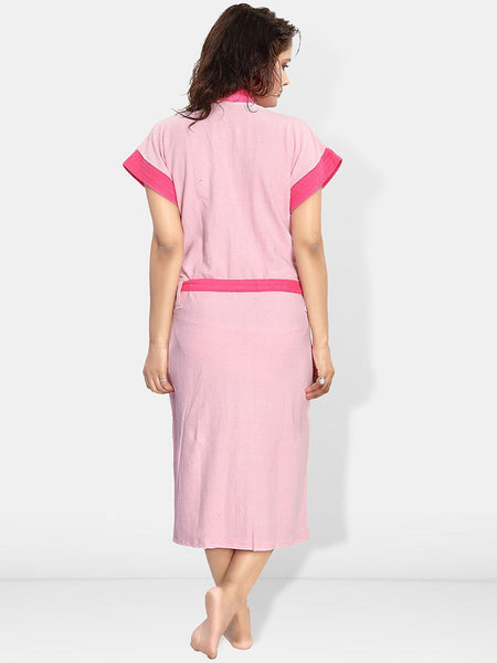Be You Pink Solid Cotton Drawstring Knee Length Bath Robe-L/XL